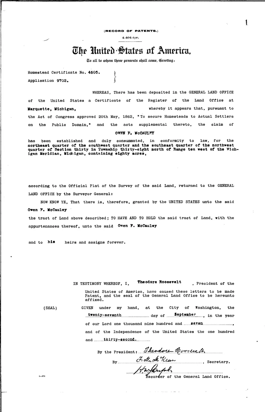 GLO land record 0662-001-38n-10w-30-senw — p. 1