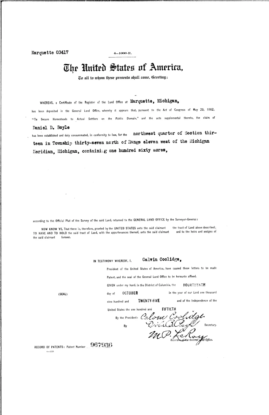 GLO land record 967936-37n-11w-13-nw — p. 1