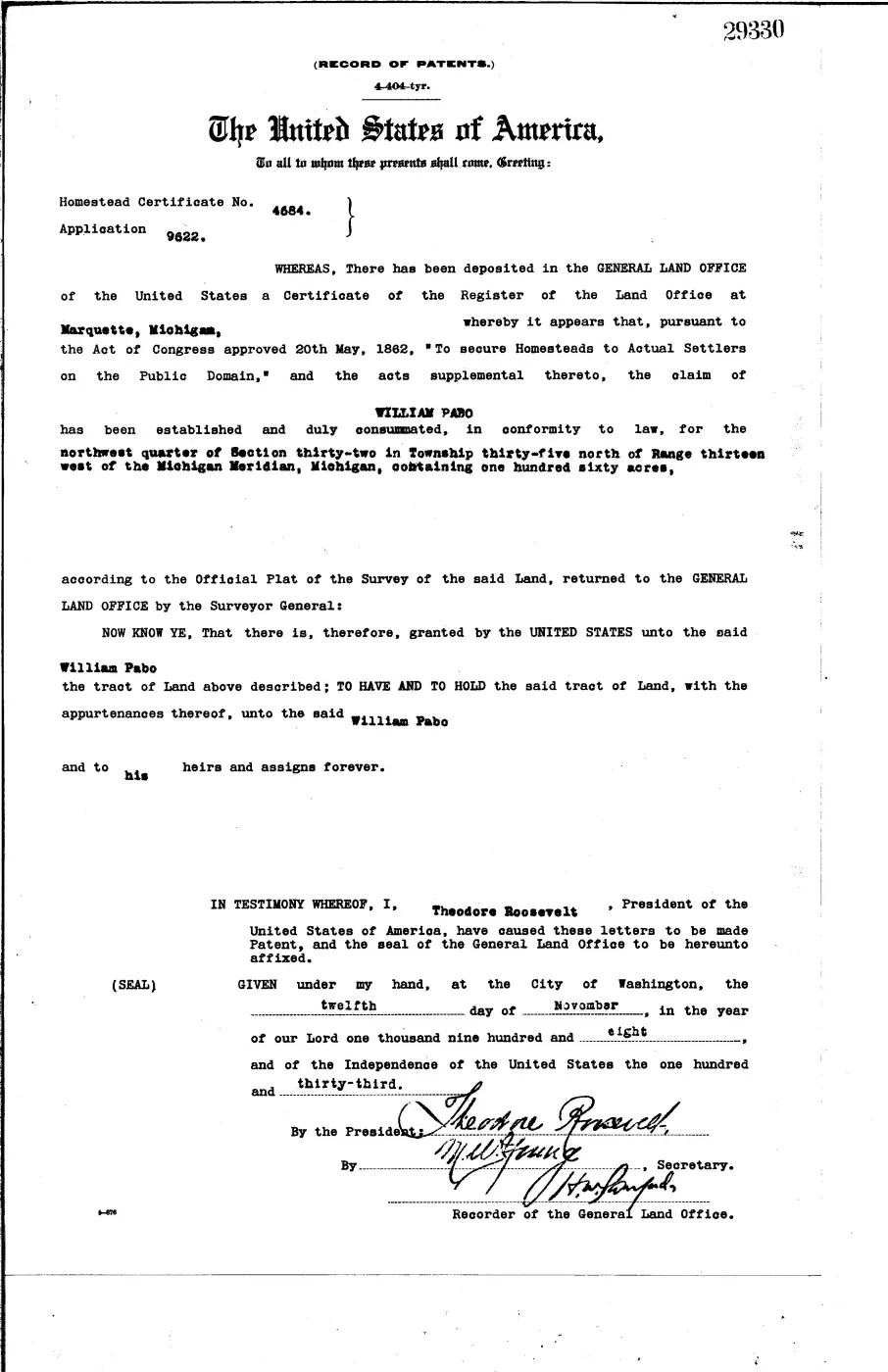 GLO land record 29330-35n-13w-32-nw — p. 1