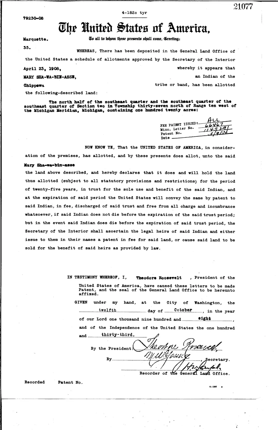 GLO land record 21077-37n-10w-2-sese — p. 1