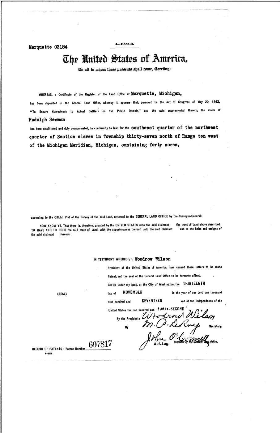 GLO land record 607817-37n-10w-11-senw — p. 1
