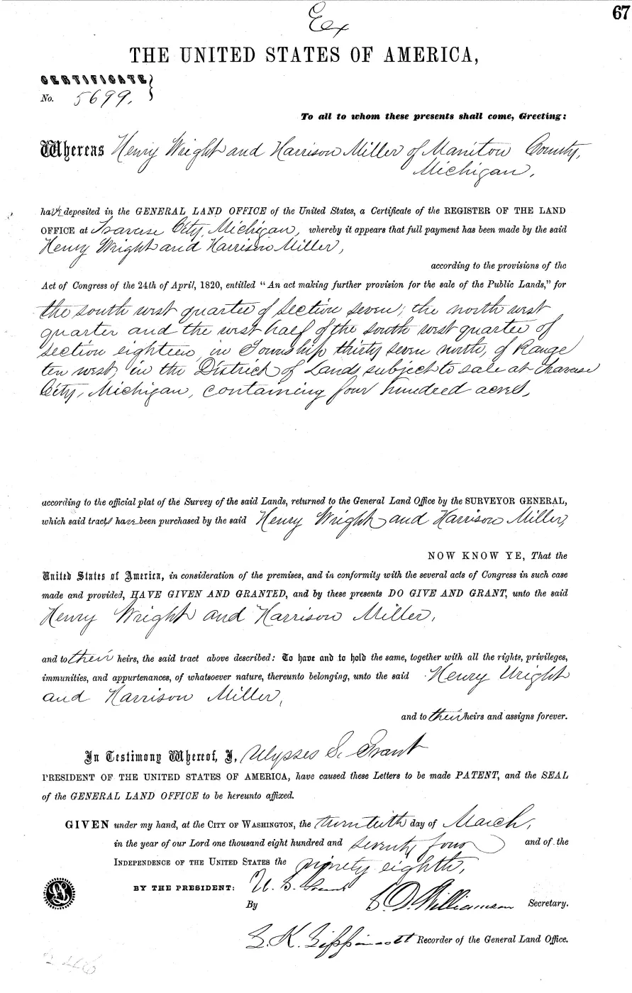 GLO land record MI2460__.067-37n-10w-18-nw — p. 1