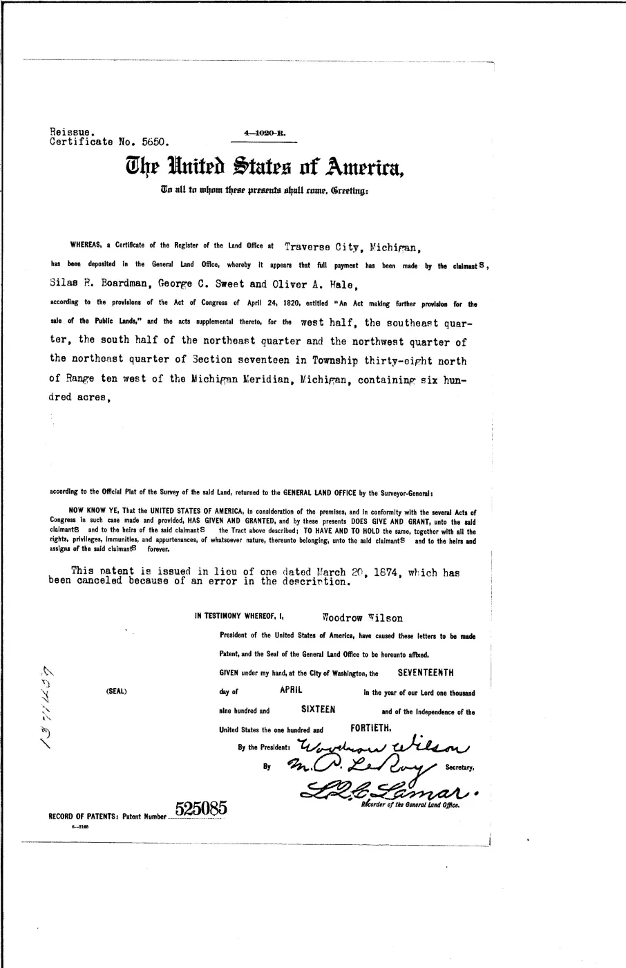 GLO land record 525085-38n-10w-17-s-ne — p. 1