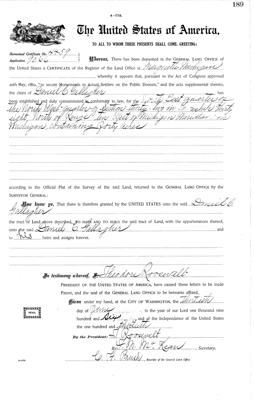 GLO land record MI3320__.189-38n-10w-32-nenw — p. 1