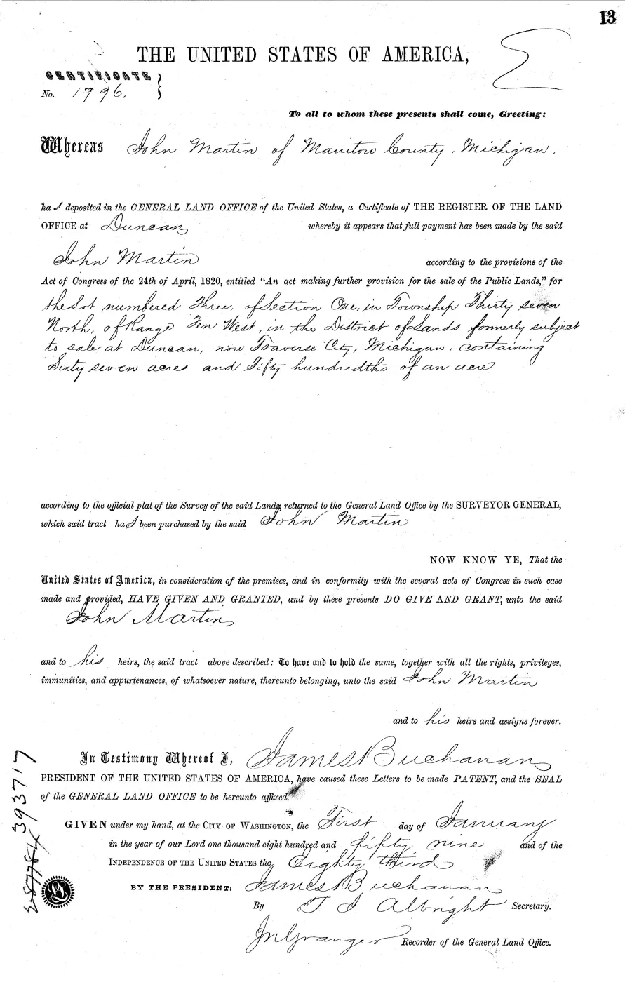 GLO land record MI2390__.013-37n-10w-1-3 — p. 1