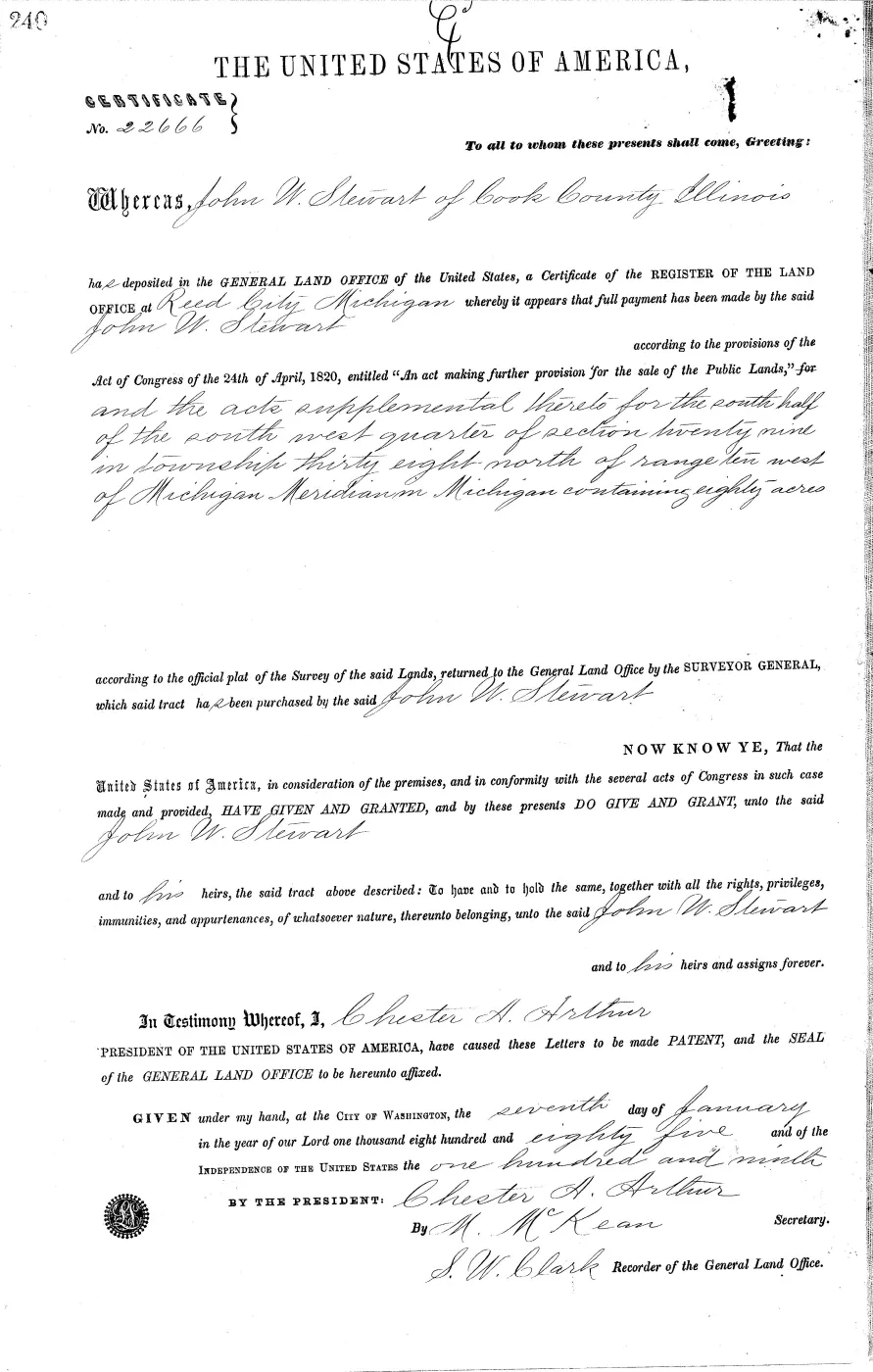 GLO land record MI2950__.240-38n-10w-29-s-sw — p. 1
