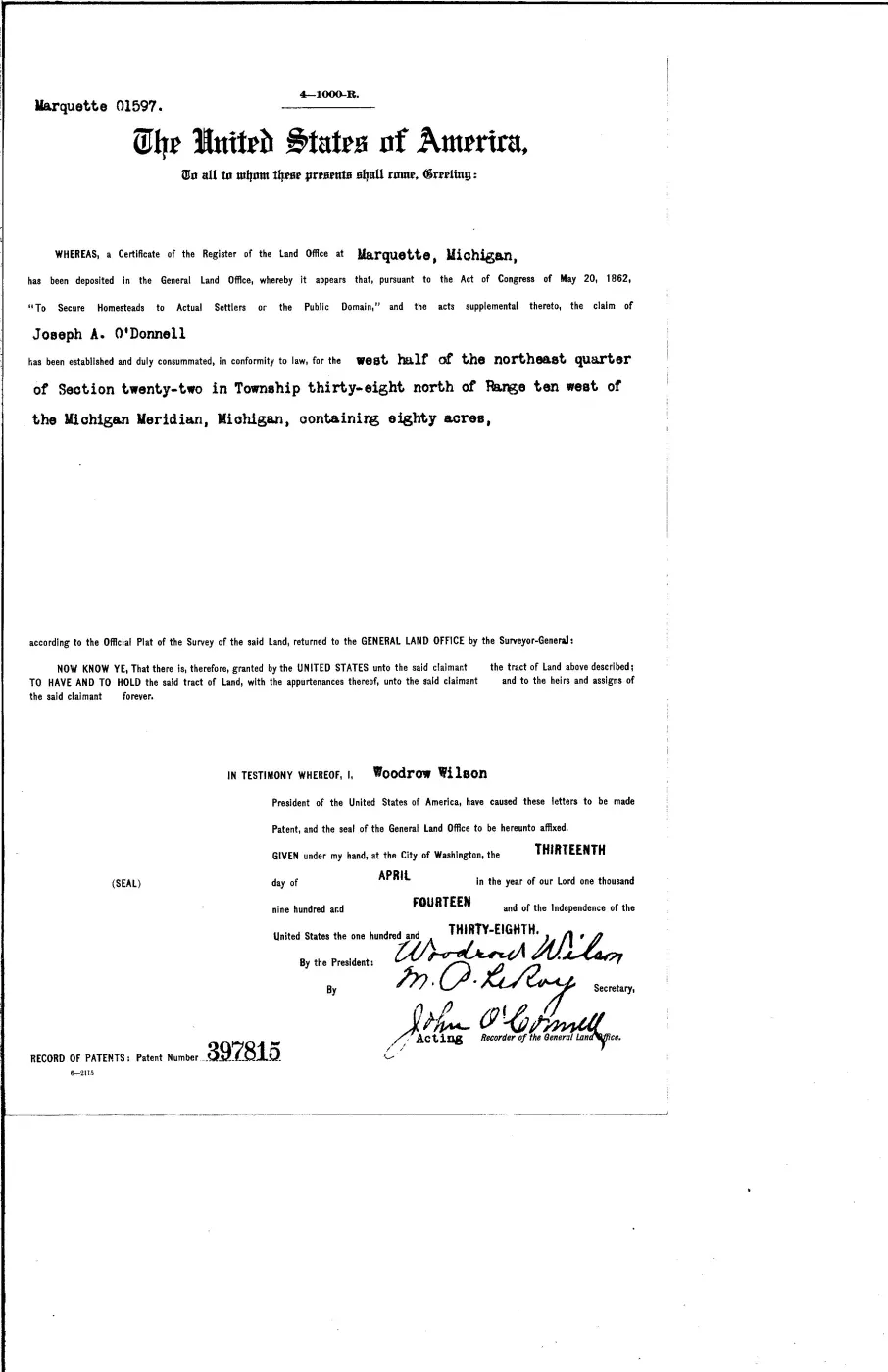 GLO land record 397815-38n-10w-22-w-ne — p. 1