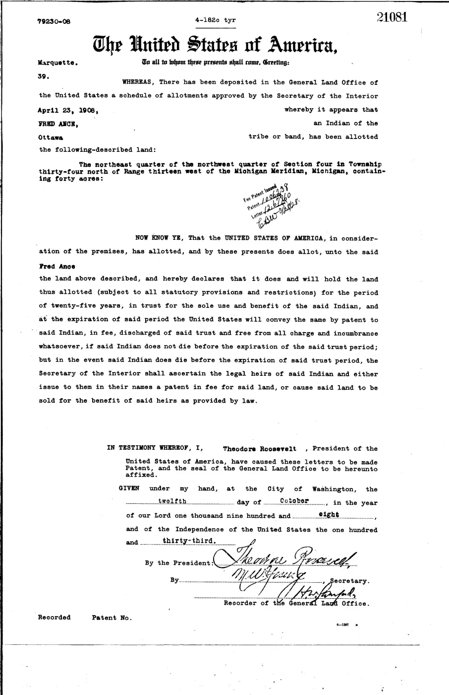 GLO land record 21081-34n-13w-4-nenw — p. 1