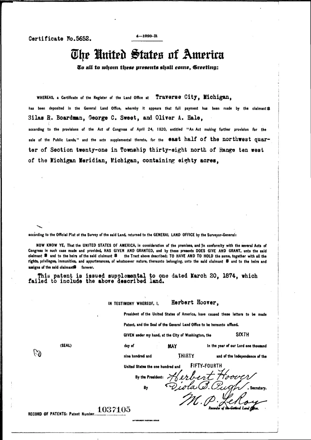GLO land record 1037105-38n-10w-21-e-nw — p. 1