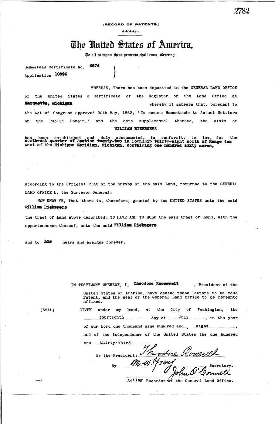 GLO land record 2782-38n-10w-22-nw — p. 1