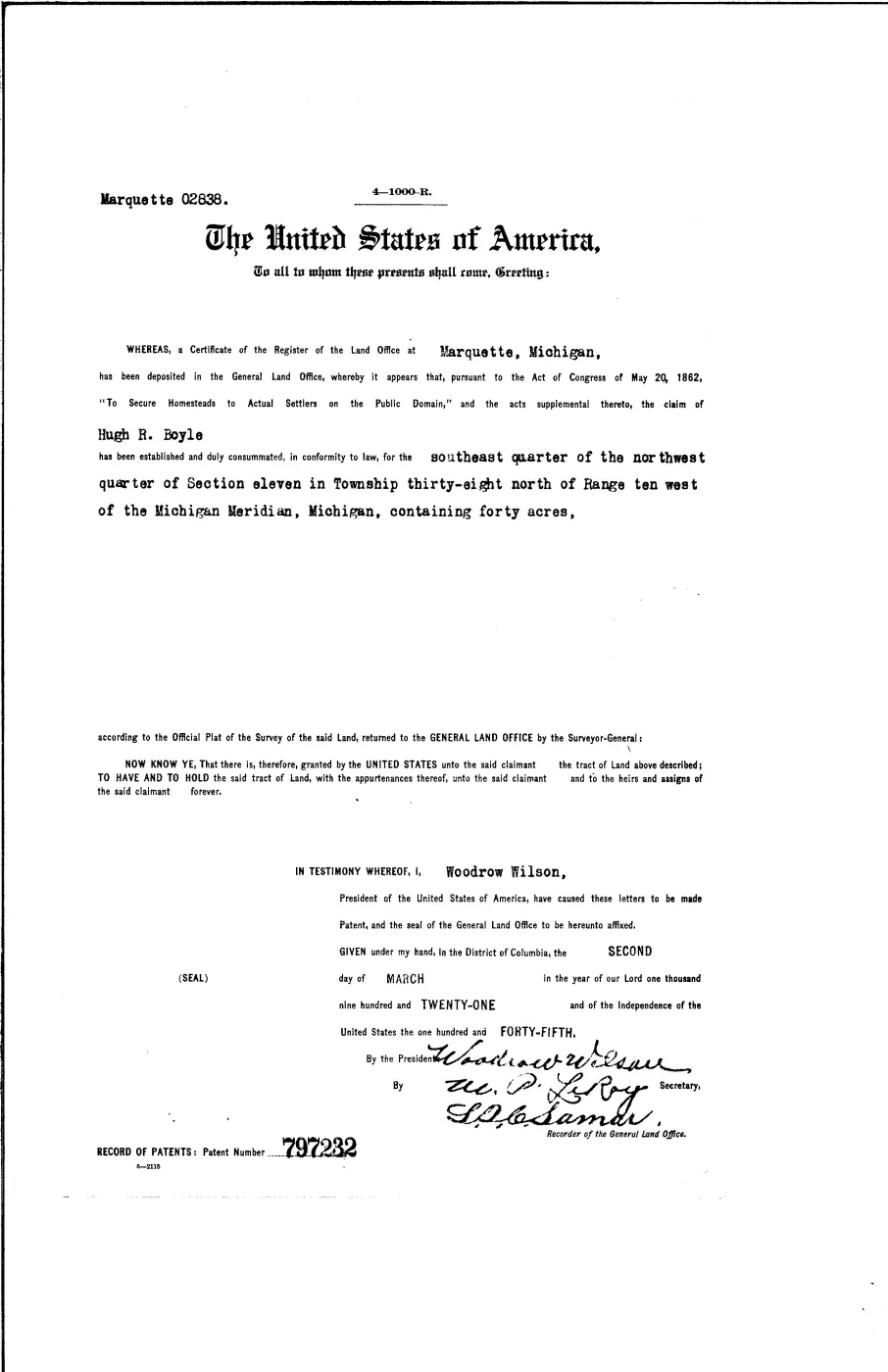 GLO land record 797232-38n-10w-11-senw — p. 1