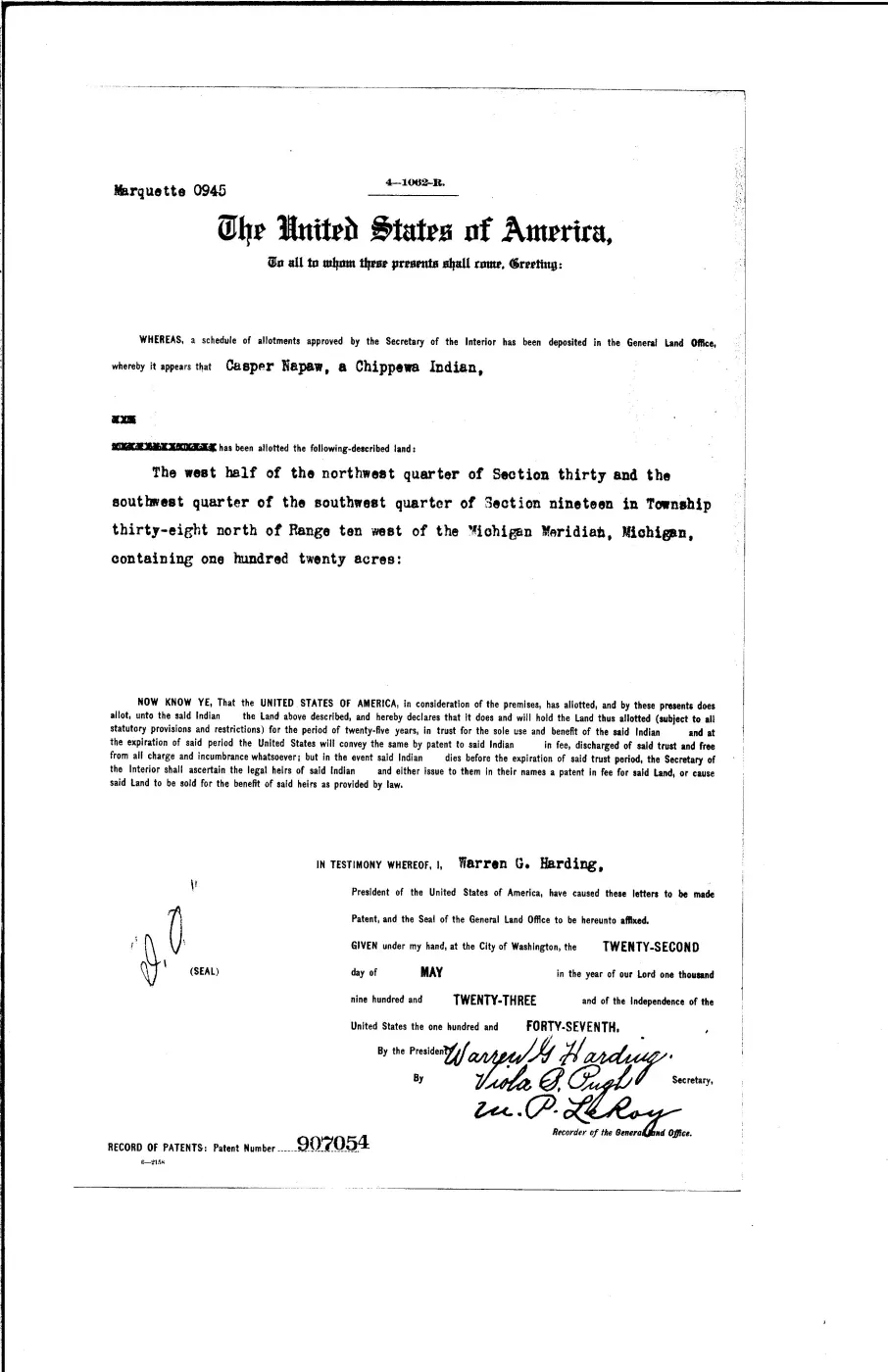 GLO land record 907054-38n-10w-30-w-nw — p. 1
