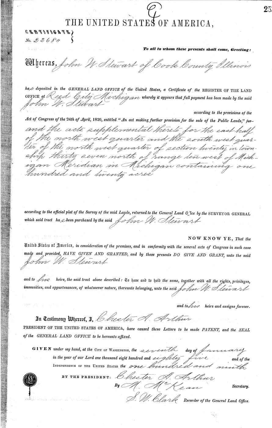 GLO land record MI2950__.253-37n-10w-20-e-nw — p. 1
