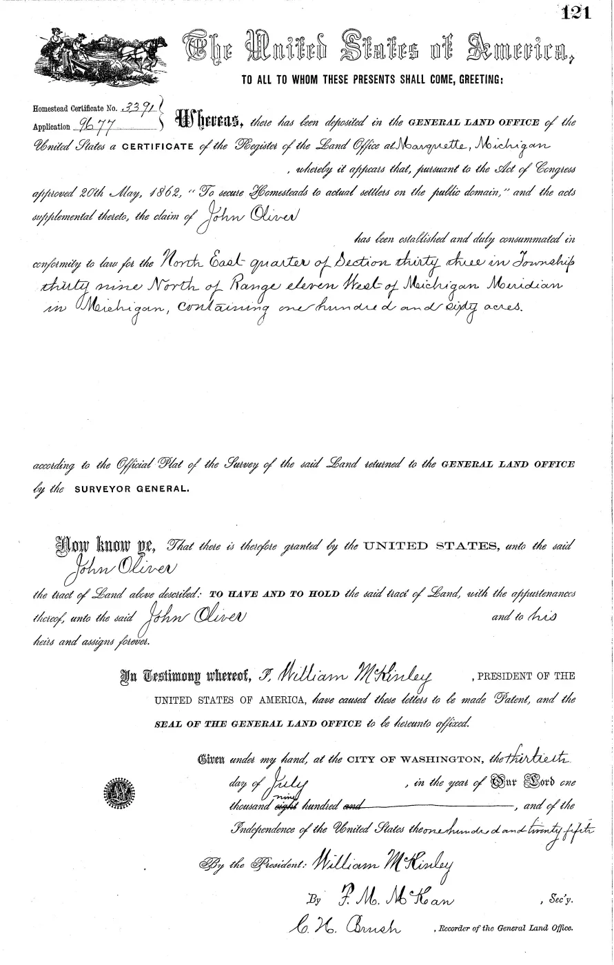 GLO land record MI2540__.121-39n-11w-33-ne — p. 1