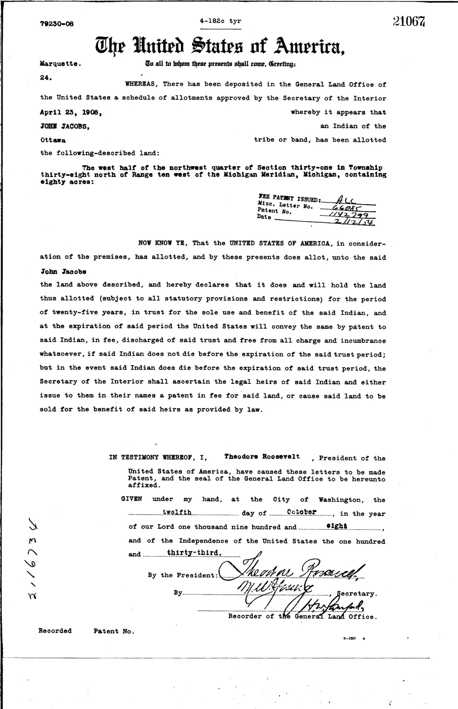 GLO land record 21067-38n-10w-31-w-nw — p. 1