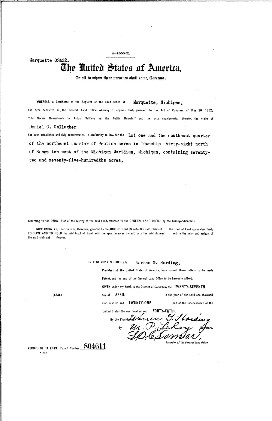 GLO land record 804611-38n-10w-7-sene — p. 1