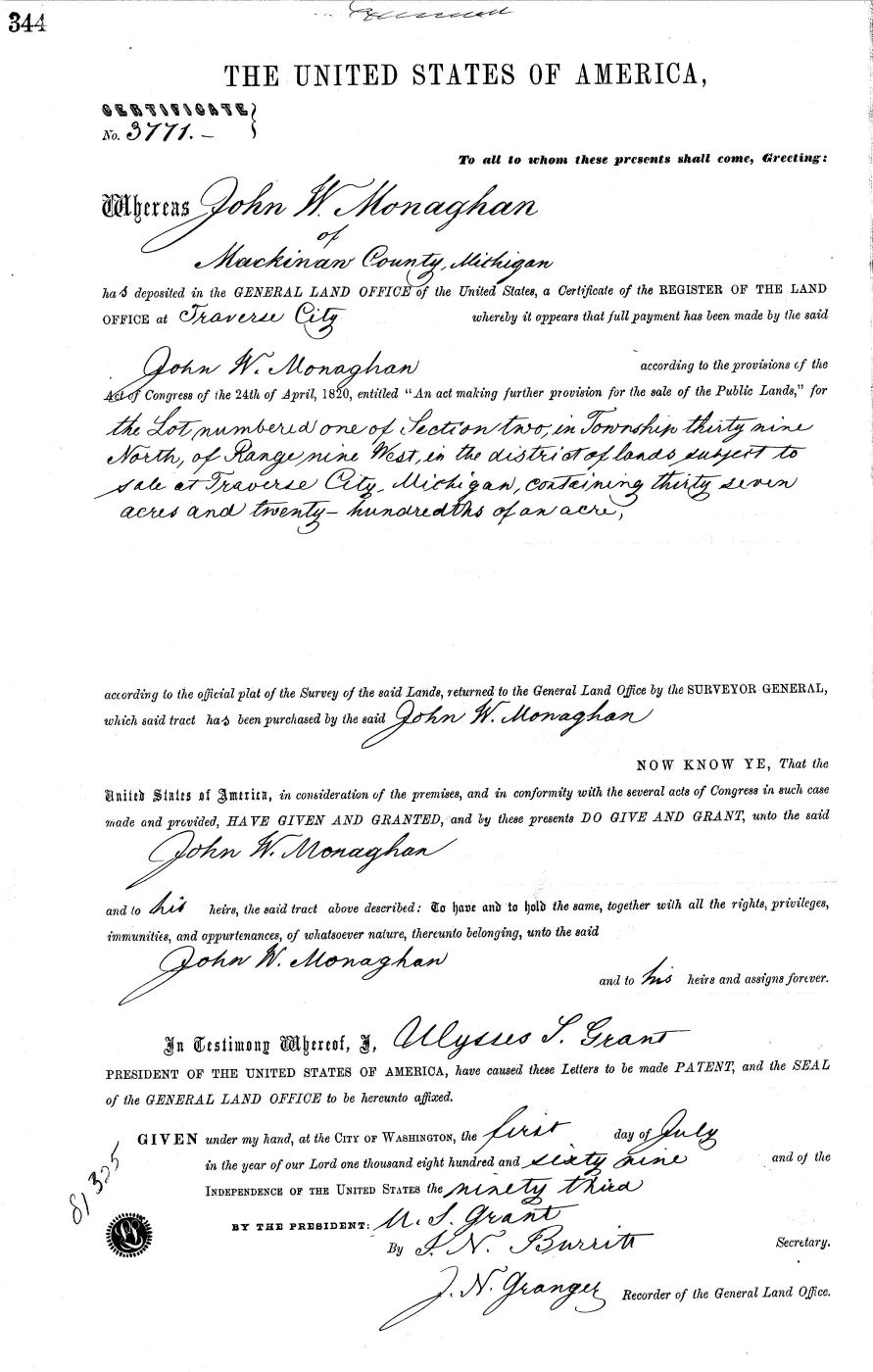 GLO land record MI2420__.344-39n-9w-2-1 — p. 1