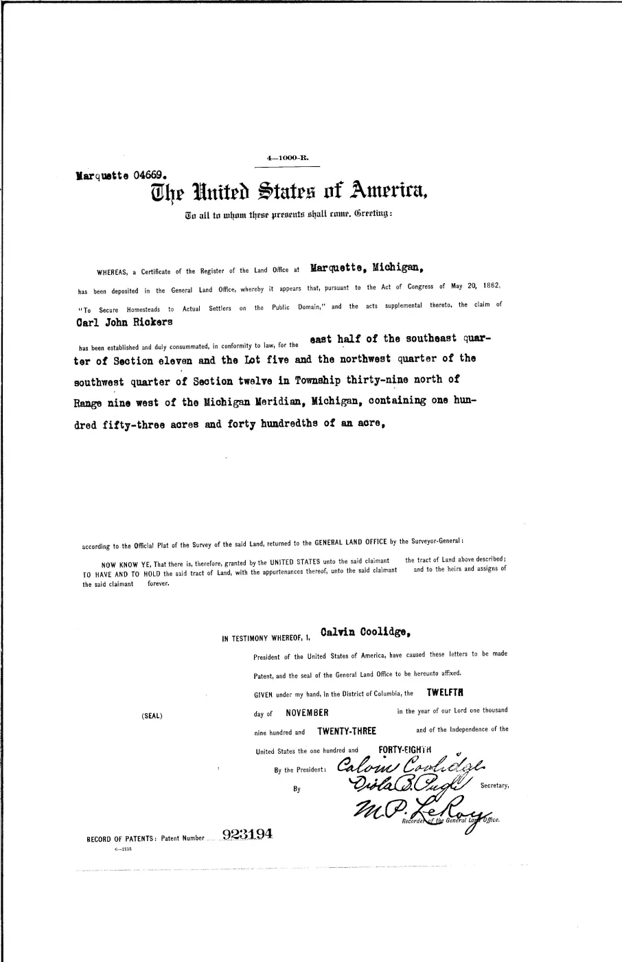 GLO land record 923194-39n-9w-12-nwsw — p. 1