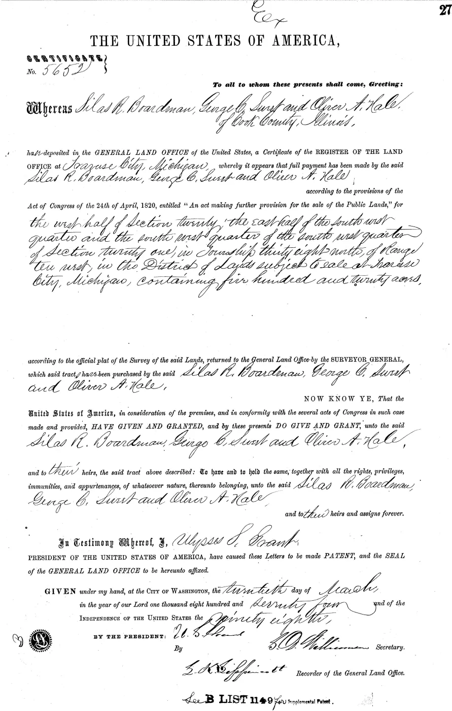 GLO land record MI2460__.027-38n-10w-21-e-sw — p. 1