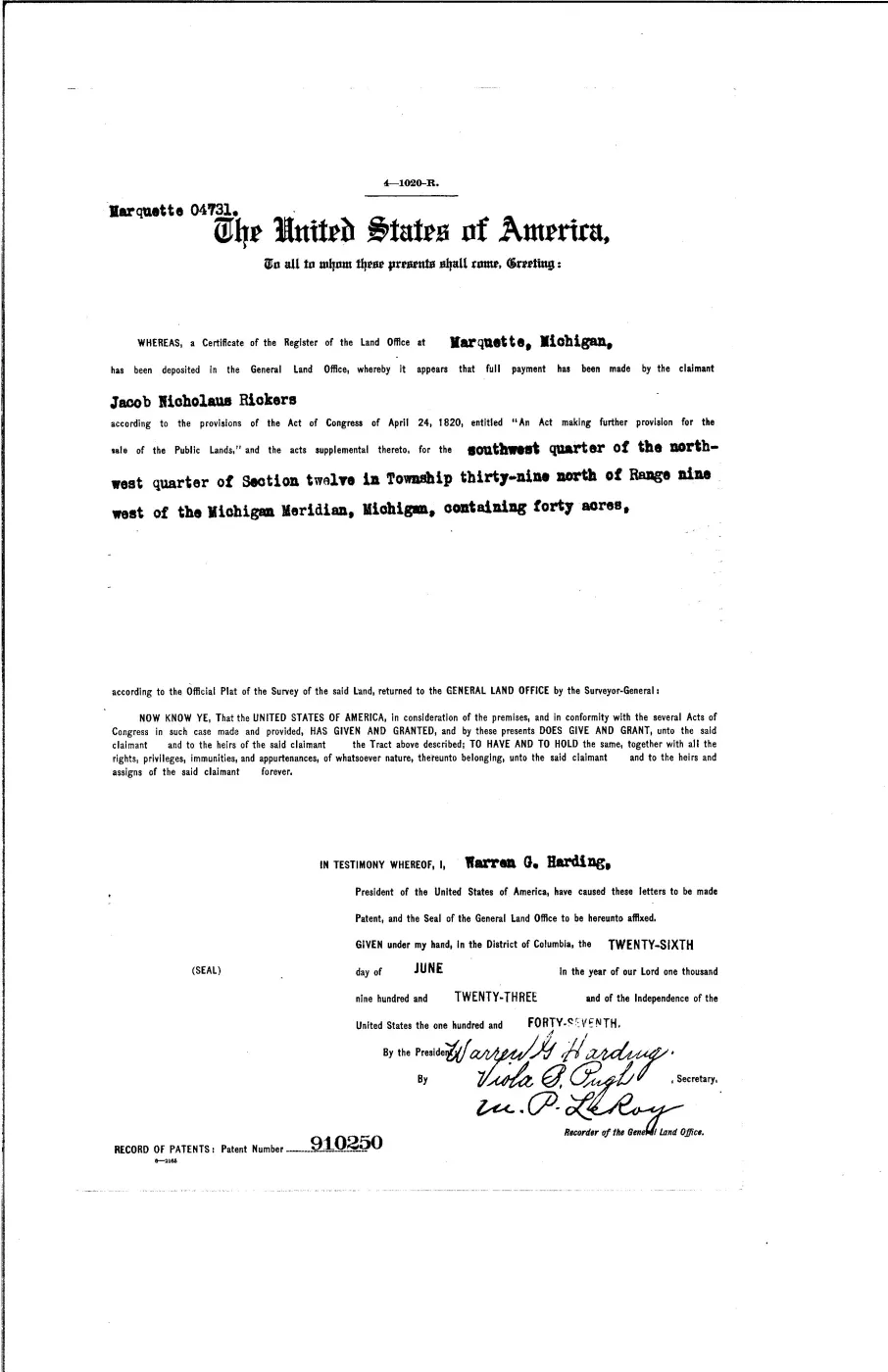 GLO land record 910250-39n-9w-12-swnw — p. 1