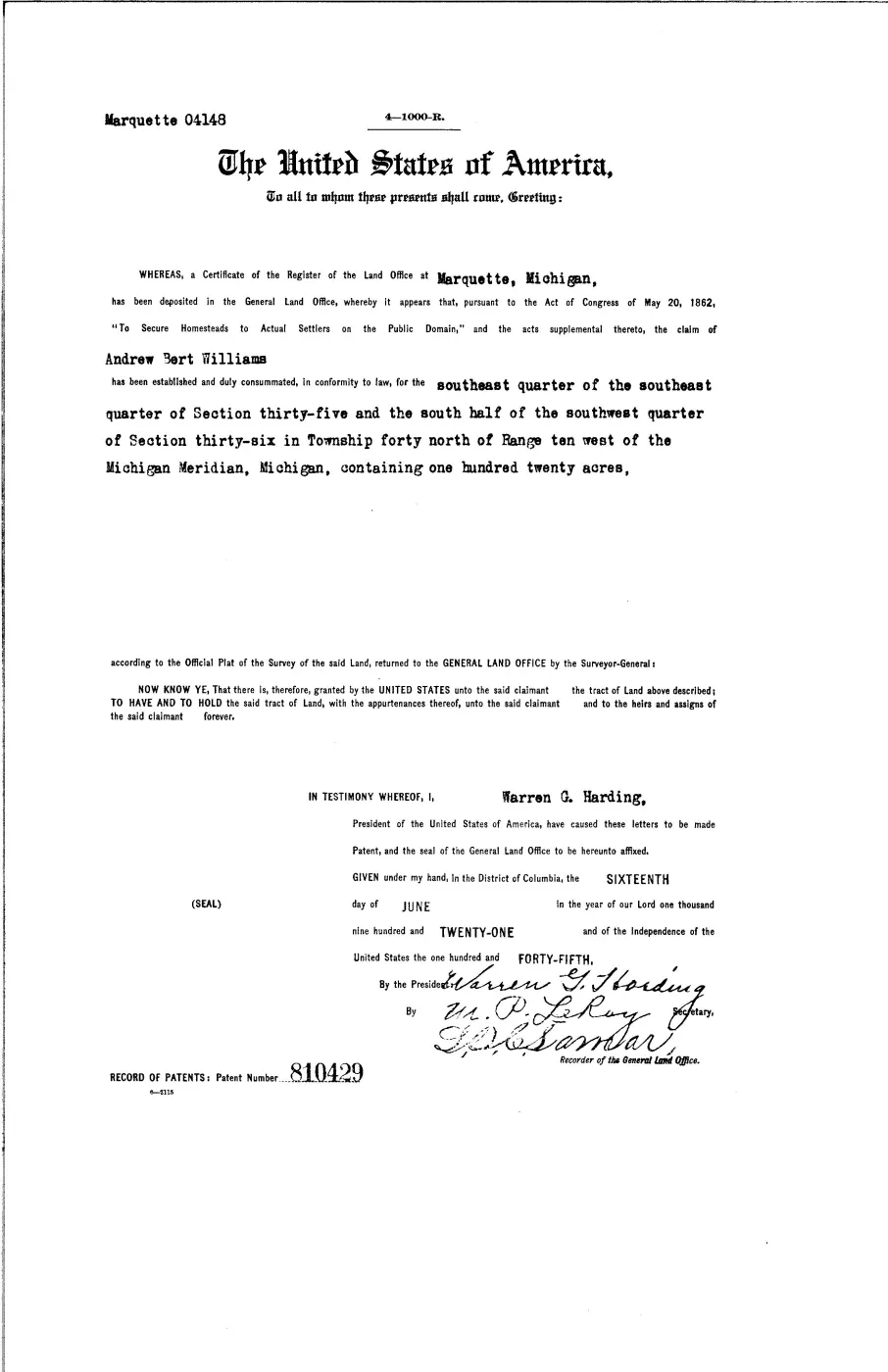 GLO land record 810429-40n-10w-35-sese — p. 1