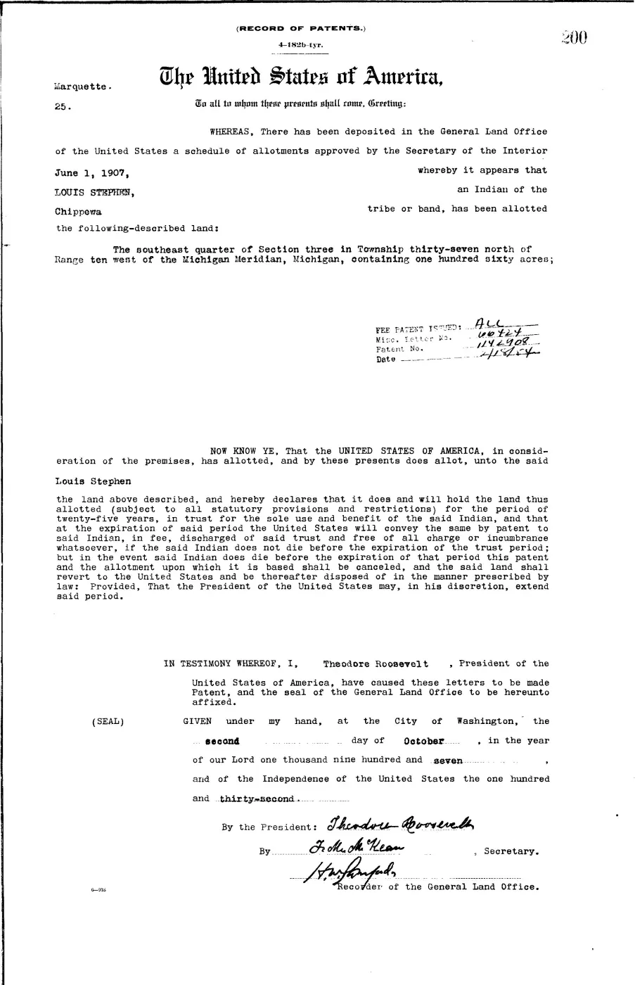 GLO land record 0664-200-37n-10w-3-se — p. 1
