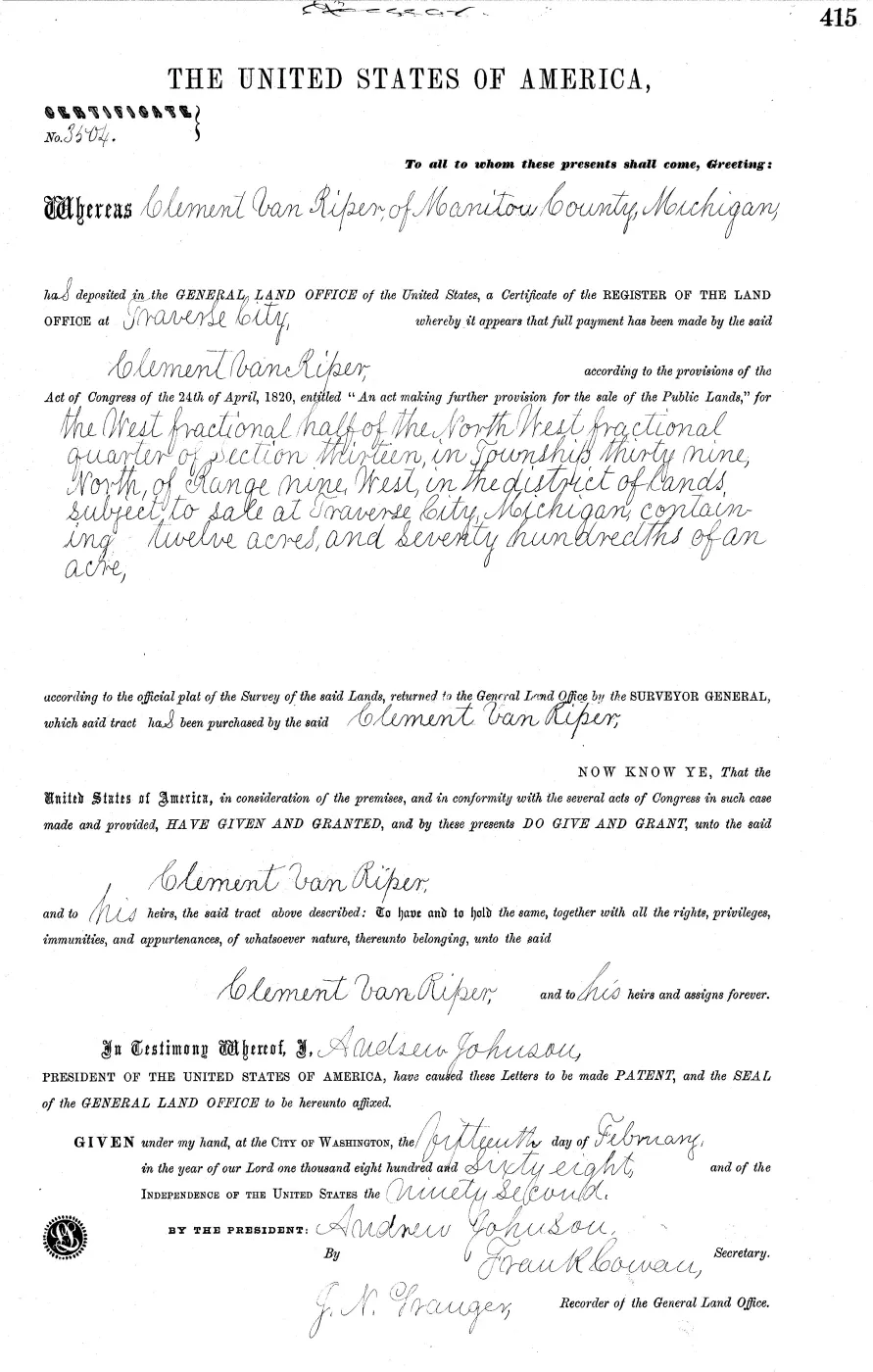 GLO land record MI2410__.415-39n-9w-13-w-nw — p. 1