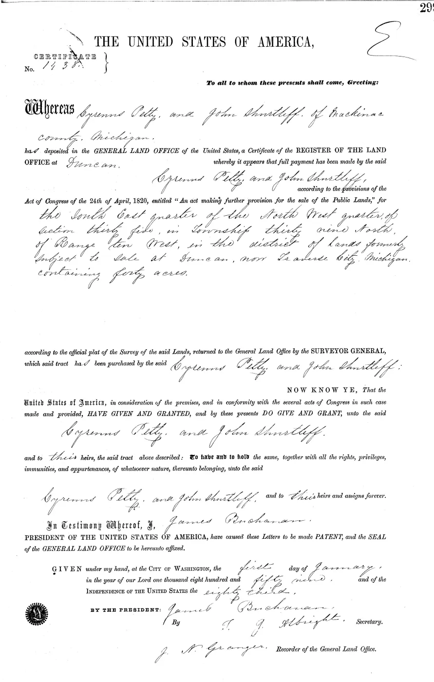 GLO land record MI2380__.299-39n-10w-35-senw — p. 1