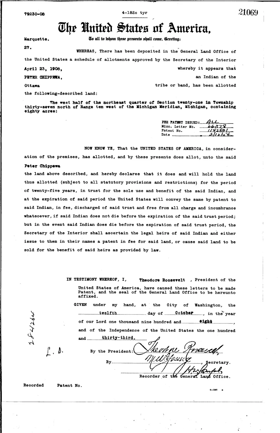 GLO land record 21069-37n-10w-21-w-ne — p. 1