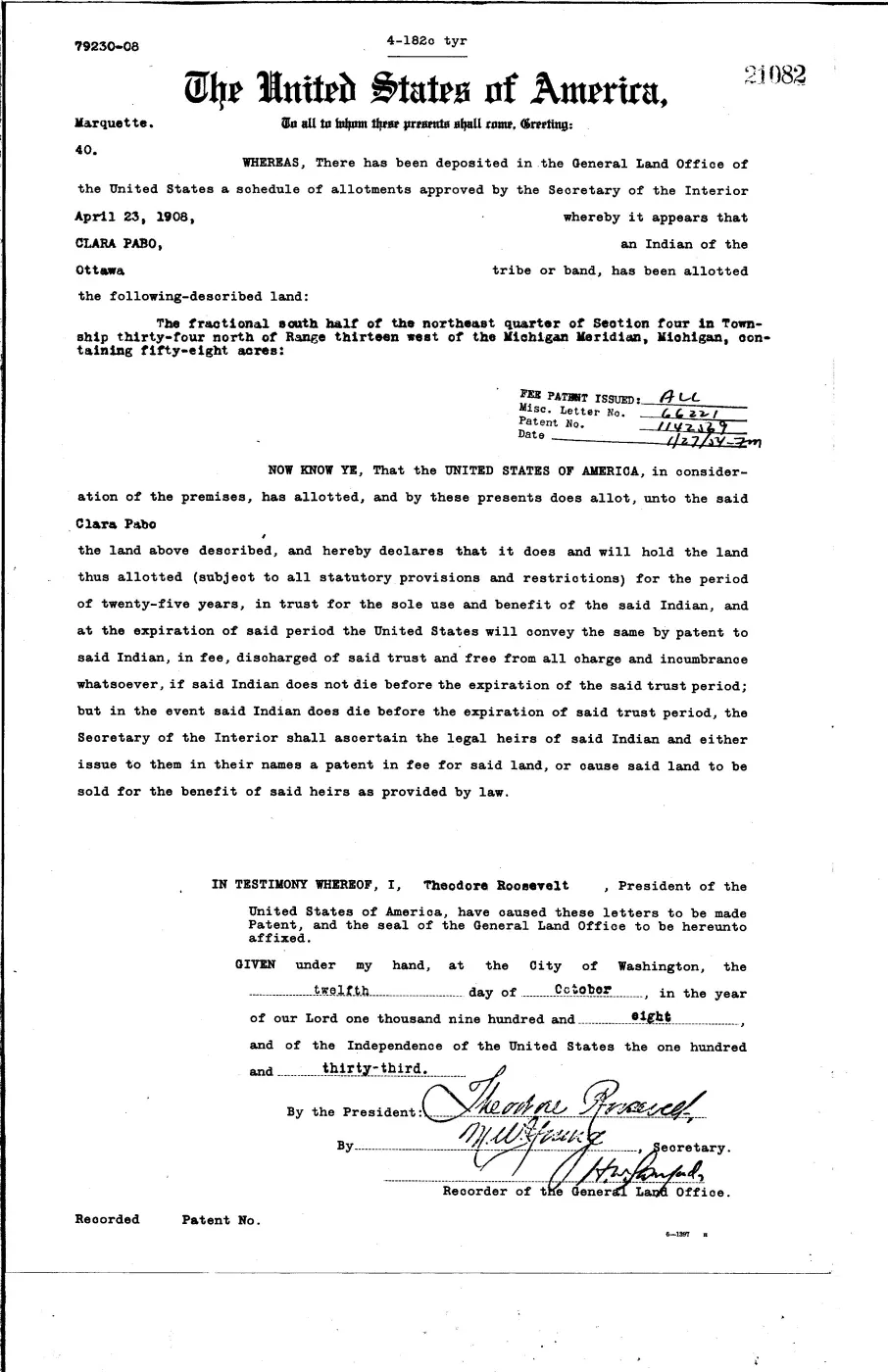 GLO land record 21082-34n-13w-4-s-ne — p. 1
