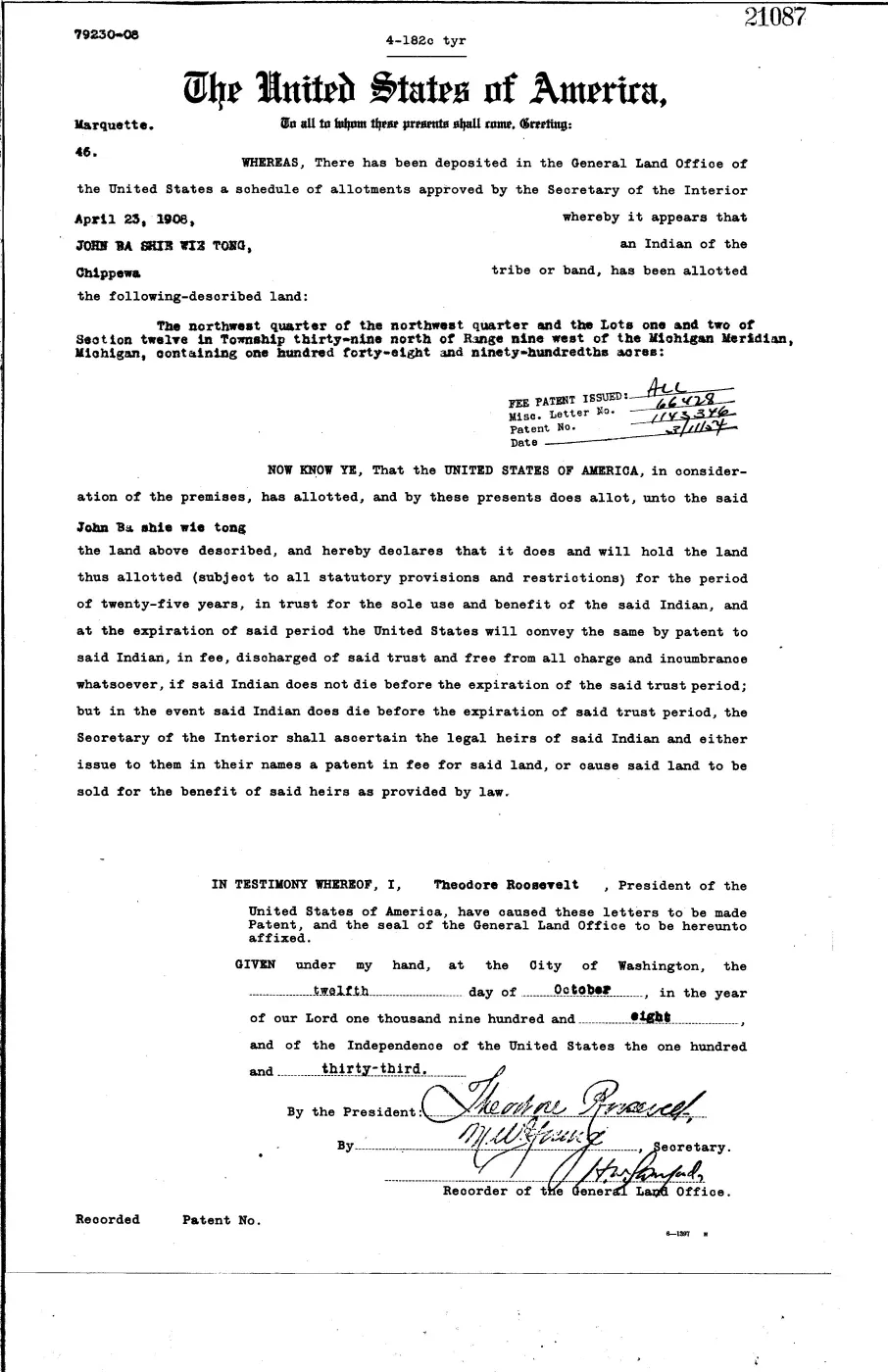 GLO land record 21087-39n-9w-12-2 — p. 1