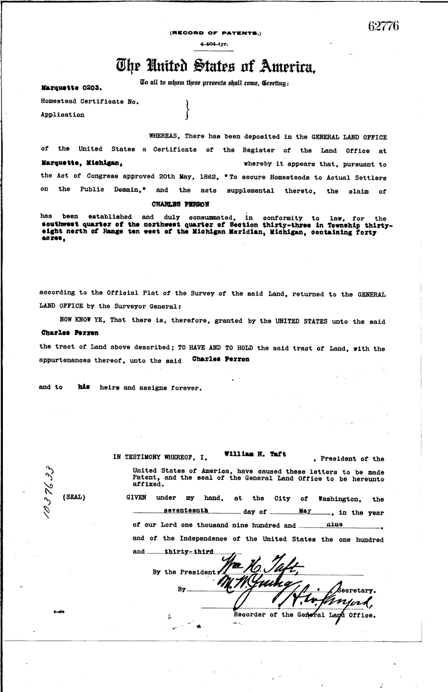 GLO land record 62776-38n-10w-33-swnw — p. 1