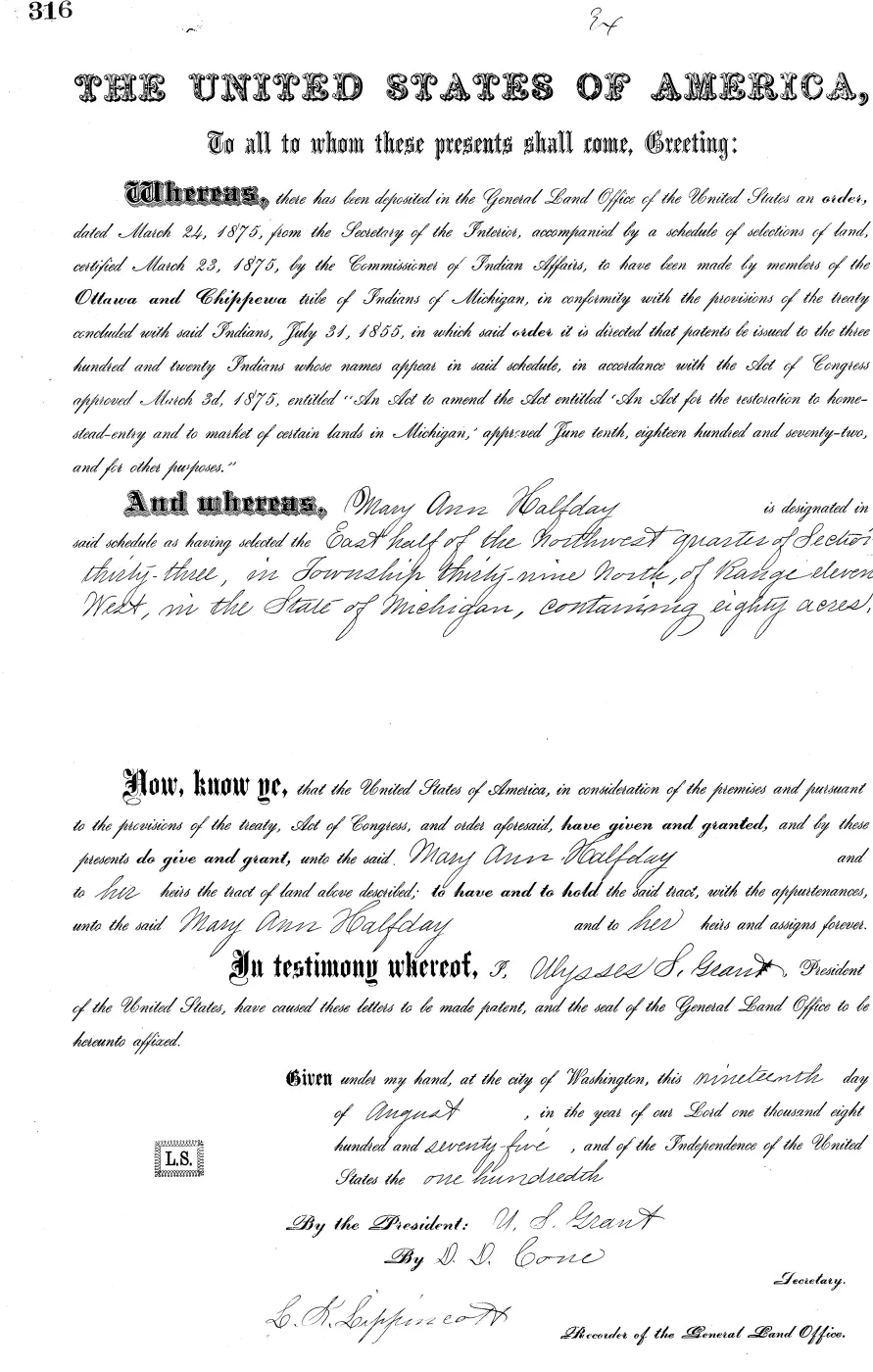 GLO land record MI3250__.316-39n-11w-33-e-nw — p. 1