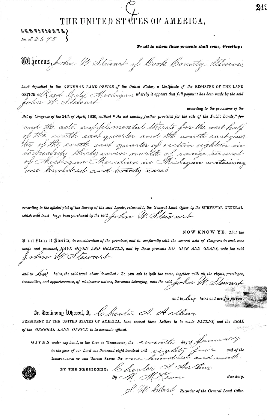 GLO land record MI2950__.249-37n-10w-18-sese — p. 1