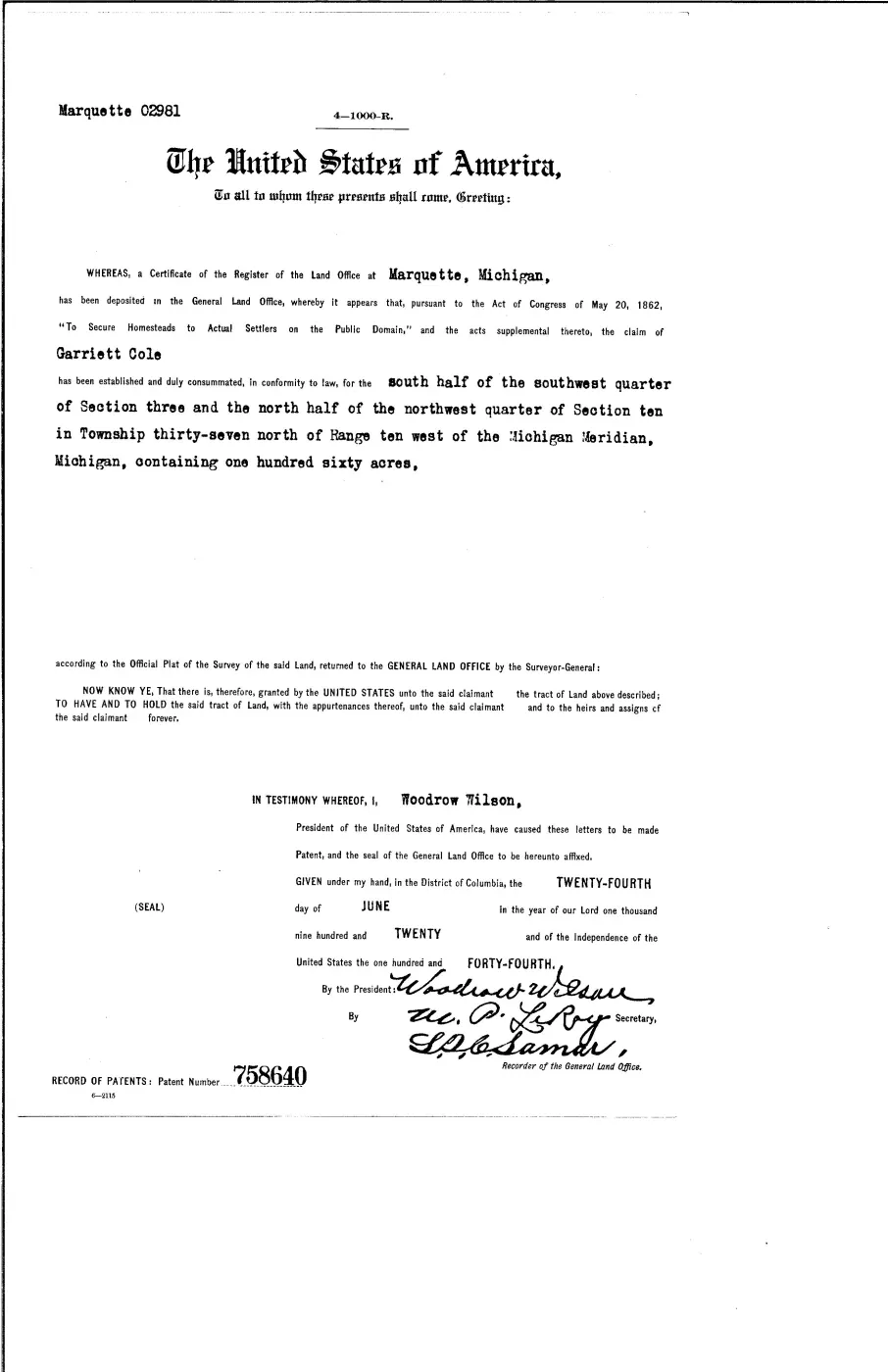 GLO land record 758640-37n-10w-10-n-nw — p. 1