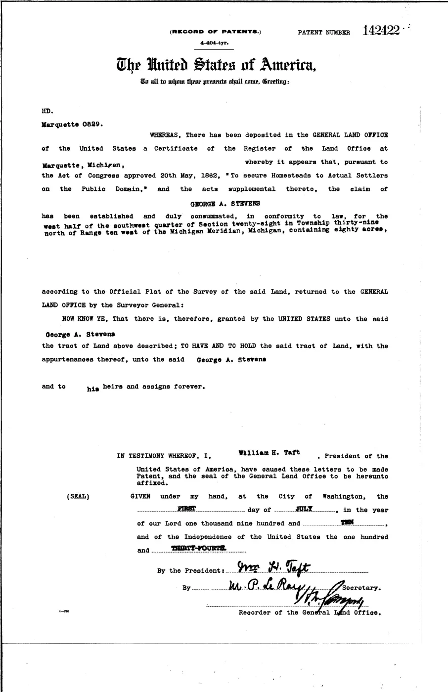 GLO land record 142422-39n-10w-28-w-sw — p. 1