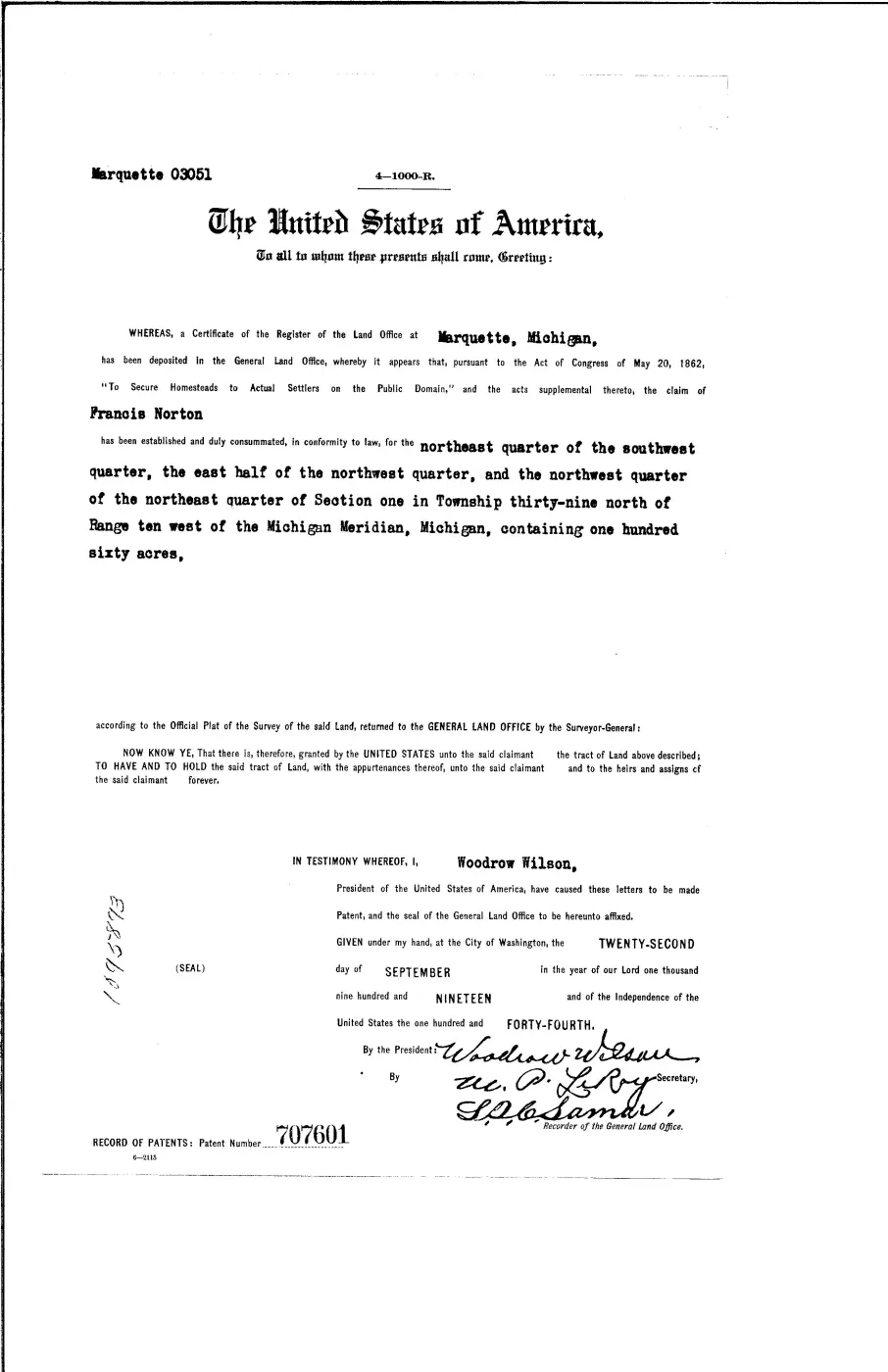 GLO land record 707601-39n-10w-1-nwne — p. 1
