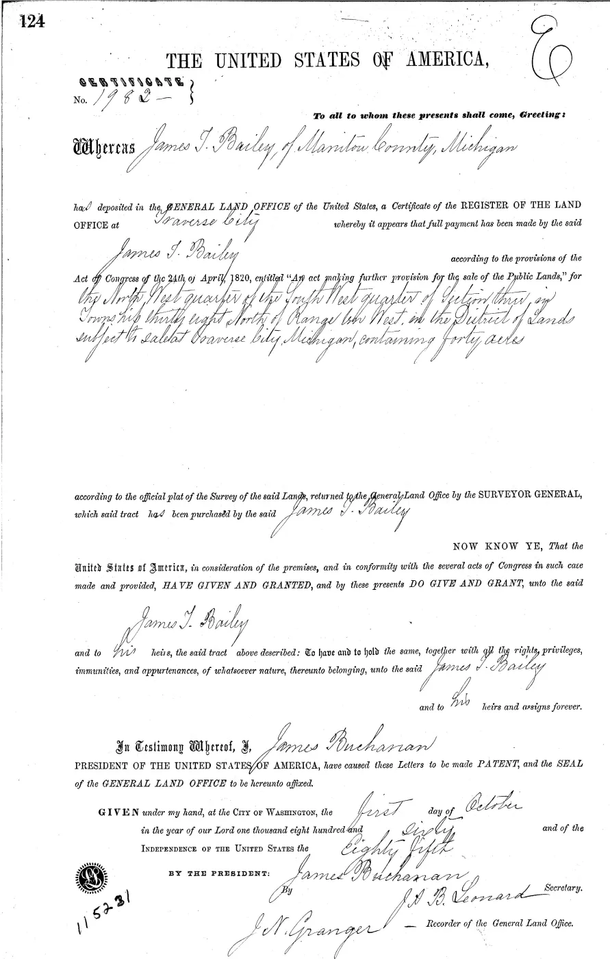 GLO land record MI2390__.124-38n-10w-3-nwsw — p. 1