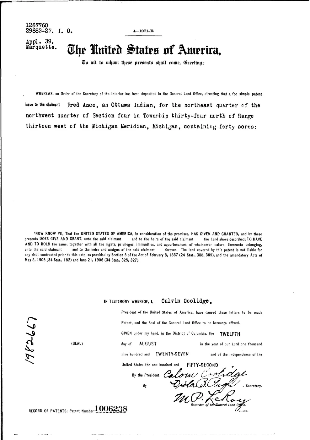 GLO land record 1006238-34n-13w-4-nenw — p. 1