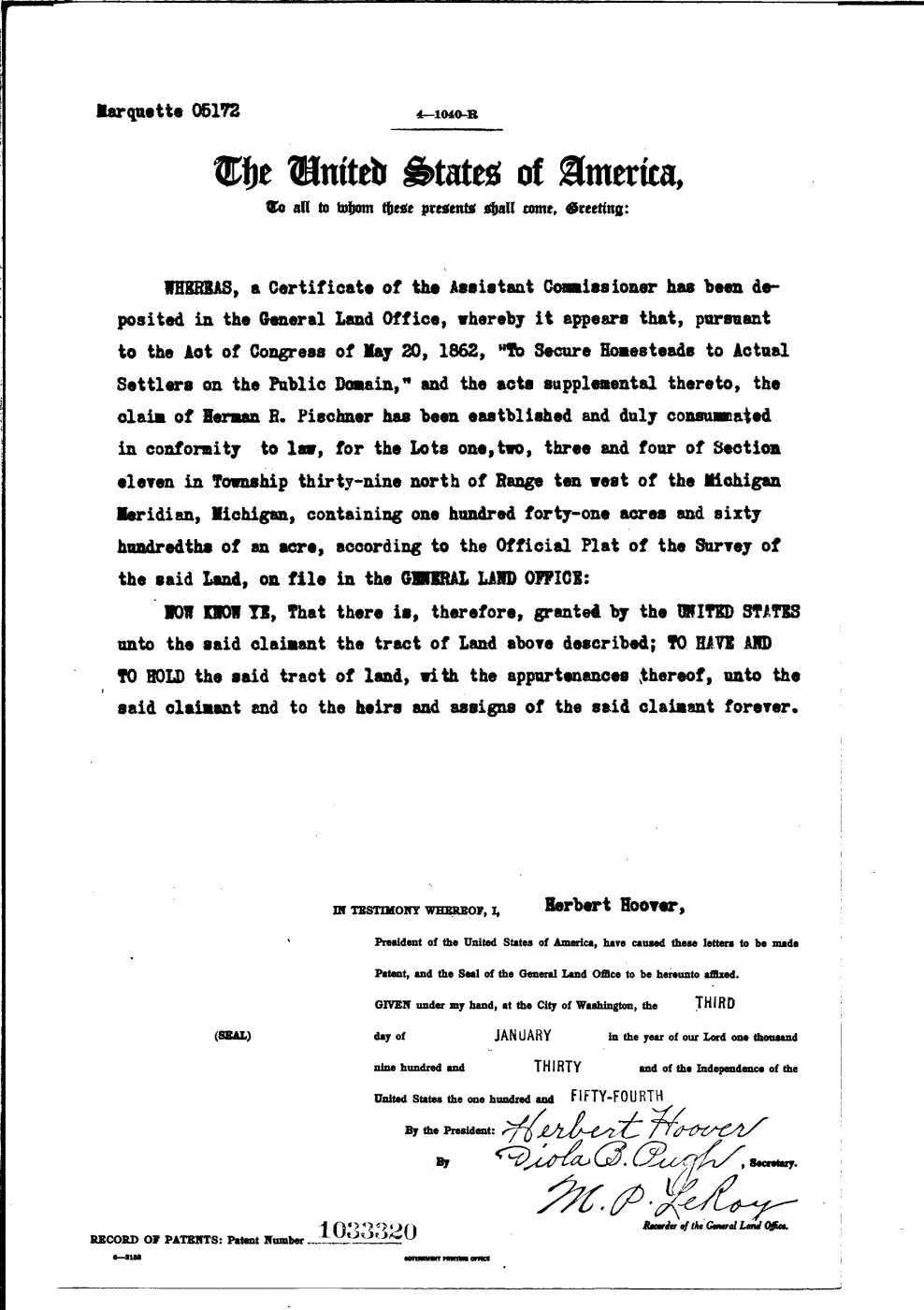 GLO land record 1033320-39n-10w-11-2 — p. 1