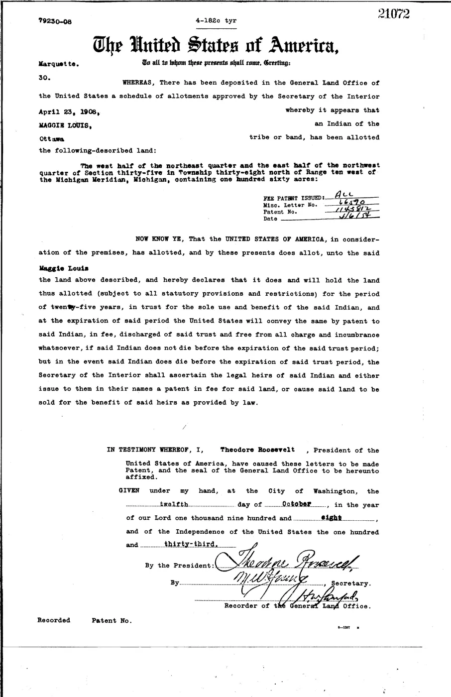 GLO land record 21072-38n-10w-35-w-ne — p. 1