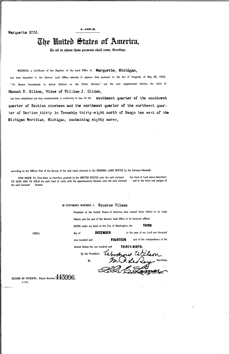 GLO land record 445996-38n-10w-19-sesw — p. 1