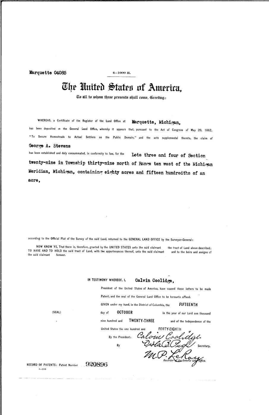 GLO land record 920896-39n-10w-29-4 — p. 1