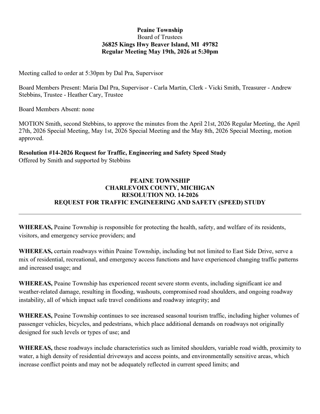 Peaine Township traffic-engineering and safety study request, 2026 — p. 1