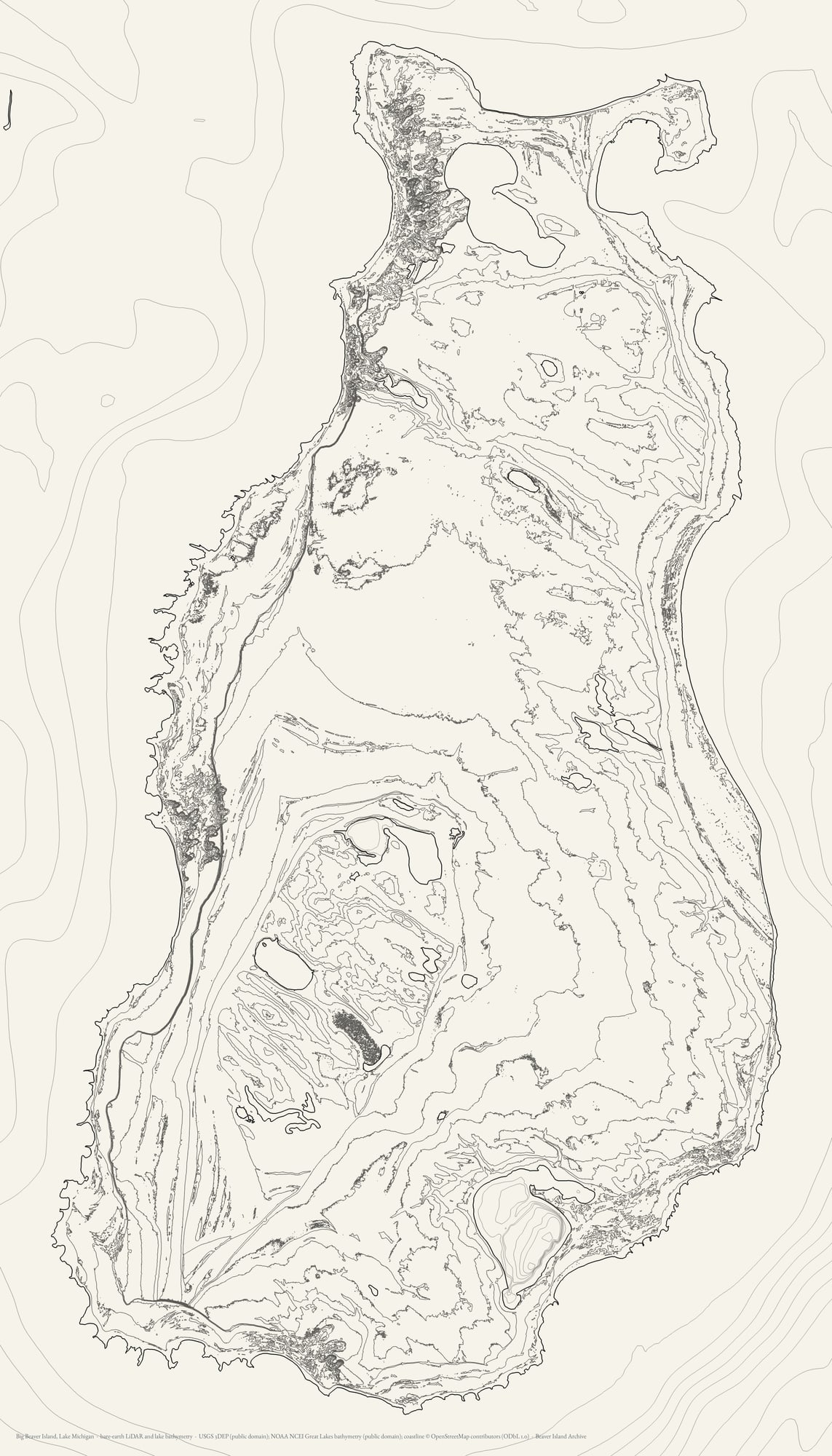 The line work: Big Beaver Island, Lake Michigan rendered from bare-earth LiDAR and lake bathymetry. Contours and coastline alone on paper, weighted for a press rather than a screen. For pen plotting, screen printing, or etching. Land at 4 m, the Lake Michigan basin at 10 m and the four sounded inland lakes at 2 m — the water lines lighter than the land, because an acoustic grid and a digitised sounding are not 1 m lidar.