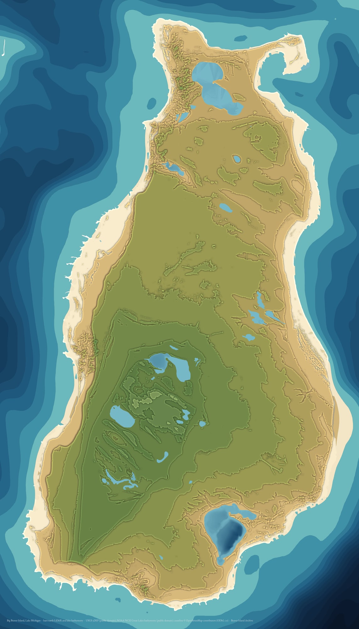 Stepped bands: Big Beaver Island, Lake Michigan rendered from bare-earth LiDAR and lake bathymetry. Elevation cut into 6 m steps, one flat tone each. This is the sheet to work from for a stacked-plywood or laser-cut relief: each band is one layer. Lake Geneserath steps down through its own bands, its floor falling below Lake Michigan datum.