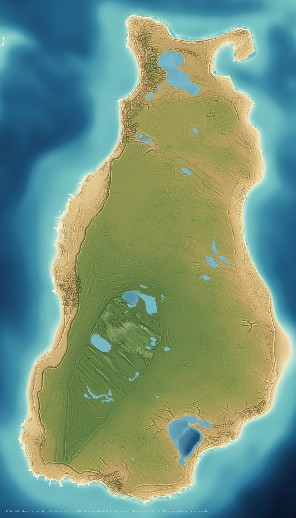 The print, with contours: Big Beaver Island, Lake Michigan rendered from bare-earth LiDAR and lake bathymetry. The same sheet with a 5 m contour laid over the land — a second reading for anyone who wants to measure as well as look.