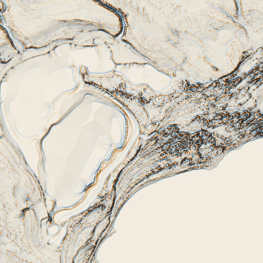 Relief plate of Cable's Creek, Nomad and Galilee: a shaded local-relief model of a frame 2,800 m across, drawn from bare-earth LiDAR. Cuts below the local mean are blue, fills above it brown.