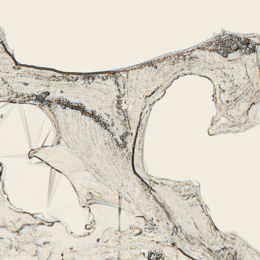 Relief plate of St James and the north end: a shaded local-relief model of a frame 3,600 m across, drawn from bare-earth LiDAR. Cuts below the local mean are blue, fills above it brown.