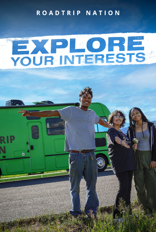 Three young adults pose in front of Roadtrip Nation's green RV.